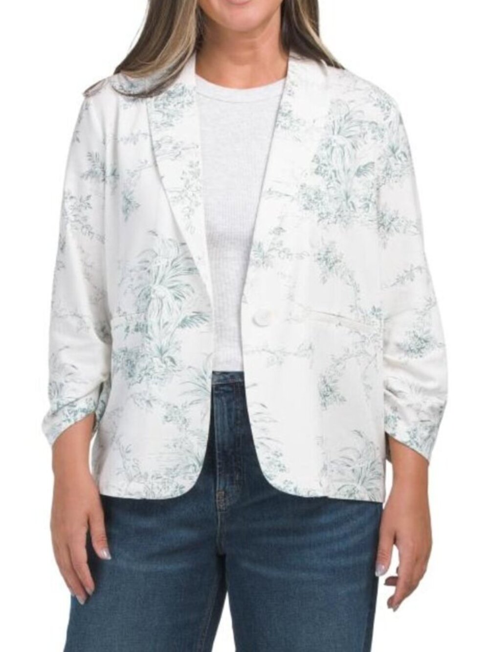 GEMMA+ JANE Linen Blend Printed Ruched Sleeve Blazer